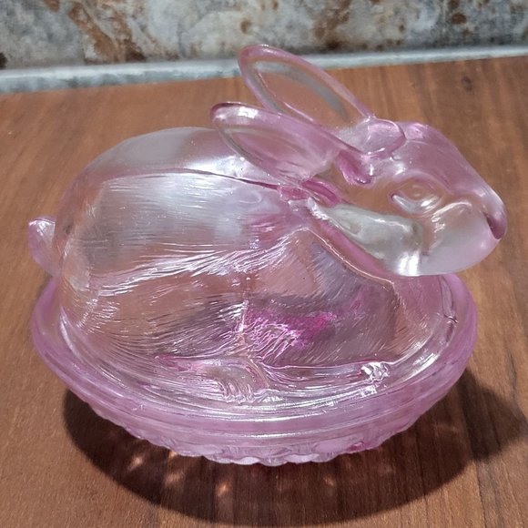 VTG Pink Purple Easter Bunny Rabbit Glass Covered Trinket Oval Candy Dish Transl - Picture 13 of 13